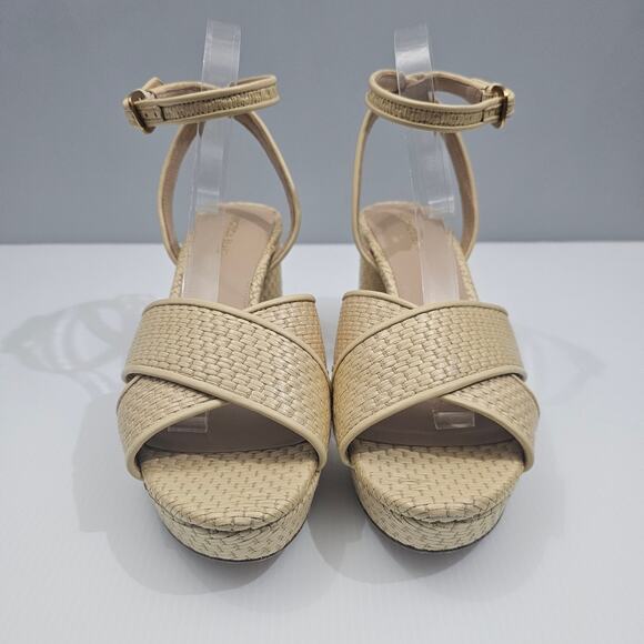 Veronica Beard Danika Sandal Women 9 Natural Raffia Woven Block Heel Ankle Strap - Picture 4 of 14